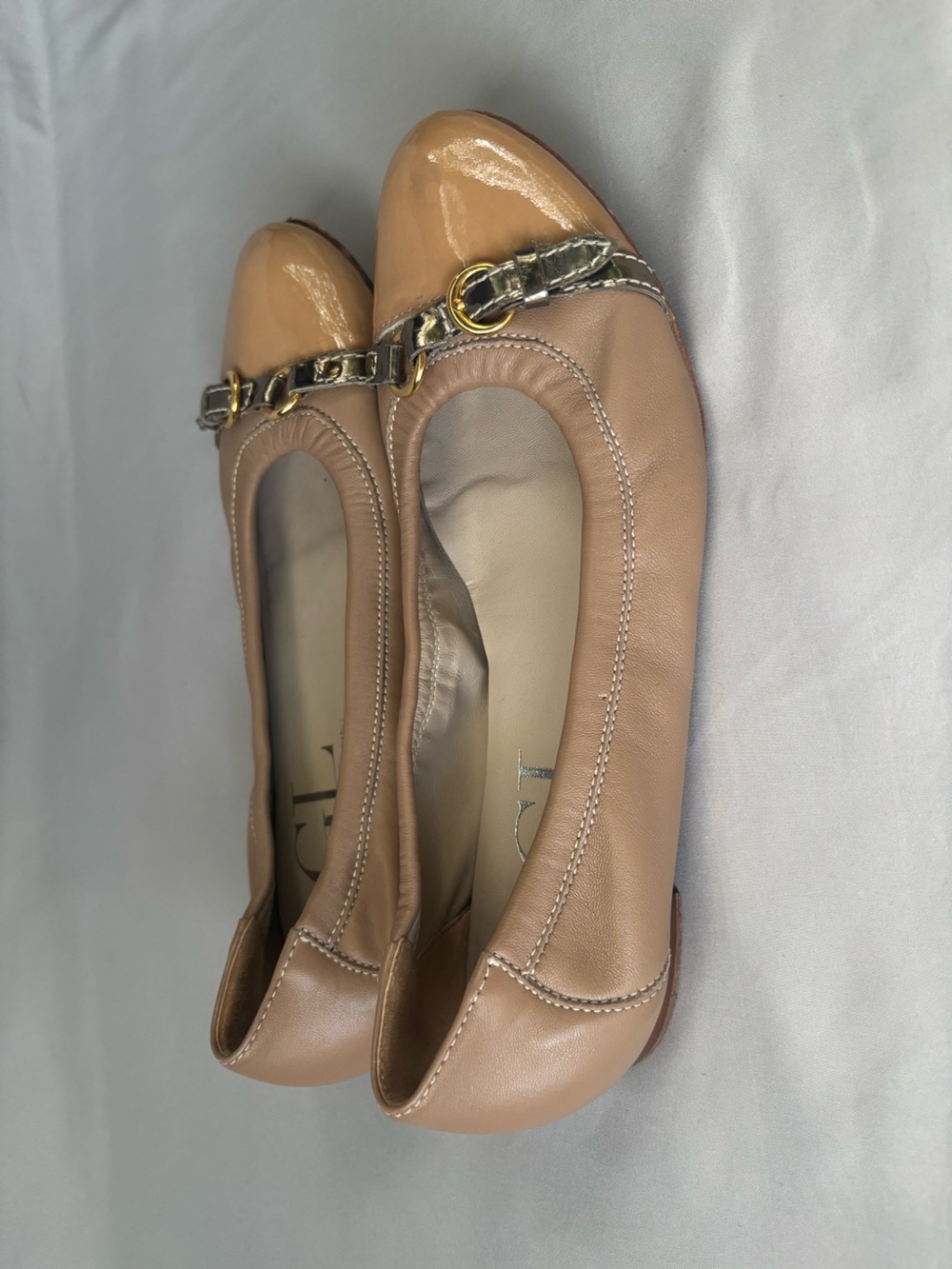 Agl Nude Tan Leather Ballet Flats with Gold Buckle - Picture 3 of 8